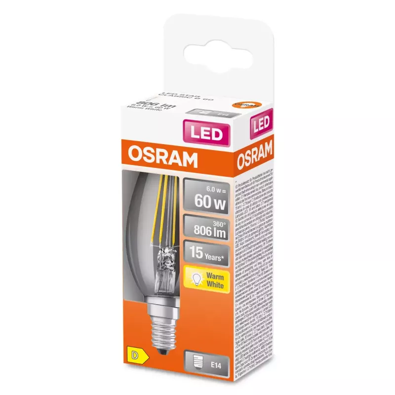 Lâmpada Osram Parathom Classic LED Filament 60, 6 W, E14, branco quente (2700 K), não regulável
