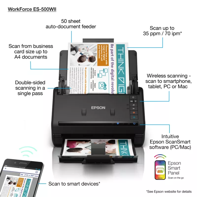Digitalizador de documentos Epson WorkForce ES-500WII 600 x 600 dpi A4 preto