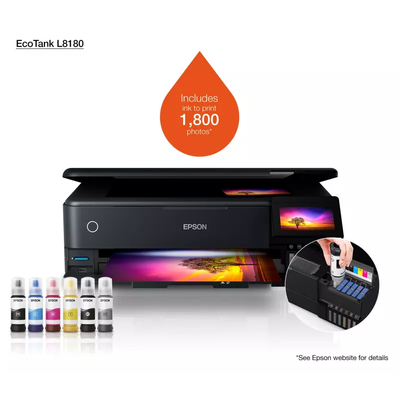Impressora multifunções jato de tinta Epson EcoTank L8180 — A3+, cor, 5760x1440 DPI, 32 ppm, duplex, Wi‑Fi, Ethernet