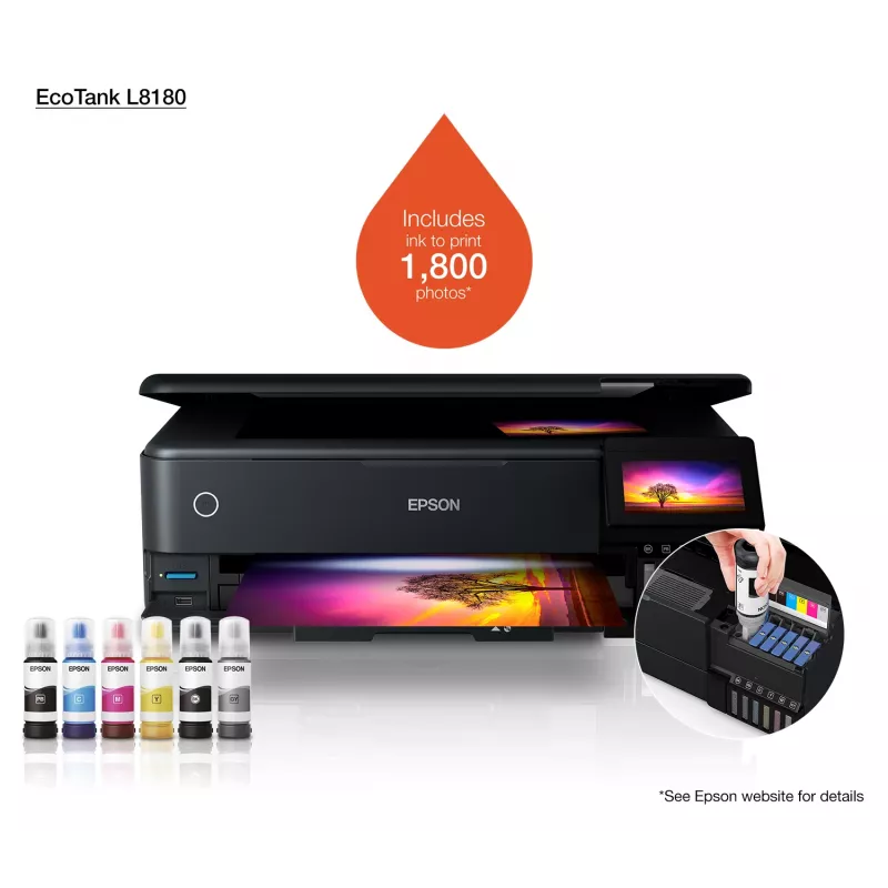 Impressora multifunções jato de tinta Epson EcoTank L8180 — A3+, cor, 5760x1440 DPI, 32 ppm, duplex, Wi‑Fi, Ethernet