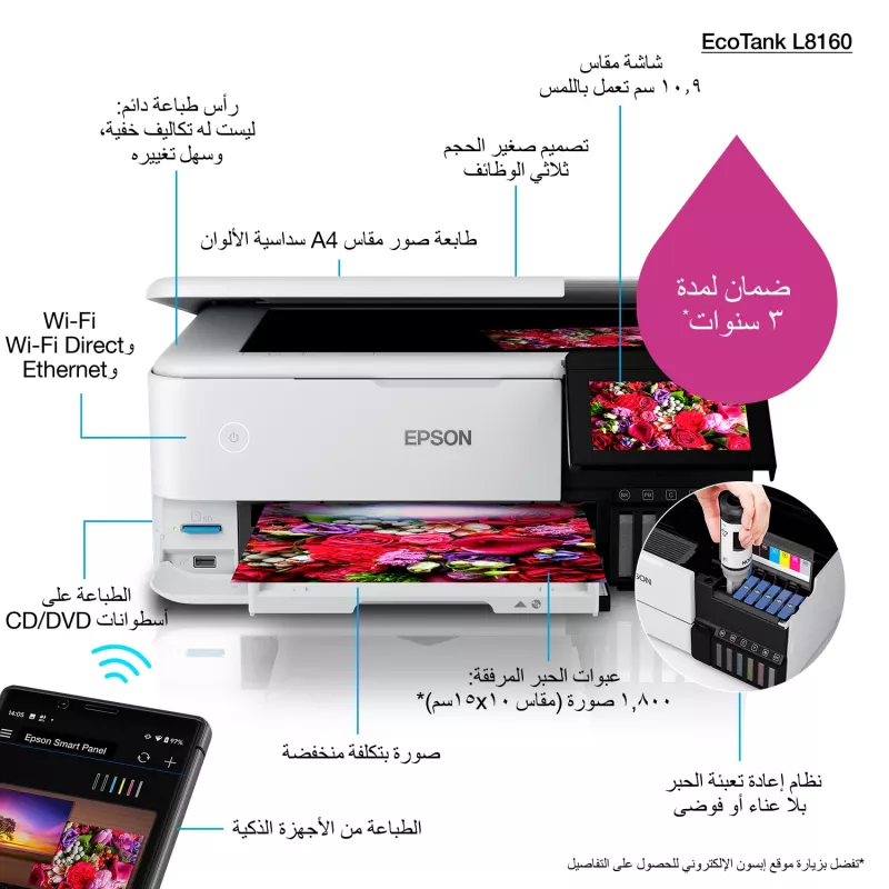 Impressora multifunções jato de tinta Epson EcoTank L8160 — impressão a cores, 5760x1440 DPI, 32 ppm, A4, Wi‑Fi, duplex