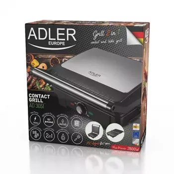 Grelhador de contacto Adler AD 3051 — aço inoxidável, 2200–2800 W, superfície de grelhador 1392 cm², temperatura regulável, placas antiaderentes
