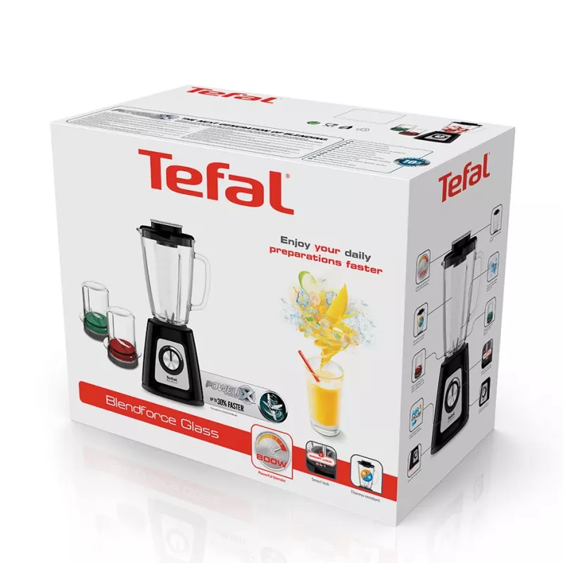 Batedeira de mesa Tefal BlendForce II BL4388 — 800 W, jarro de vidro de 1,25 l, trituração de gelo, preto/aço inoxidável escovado