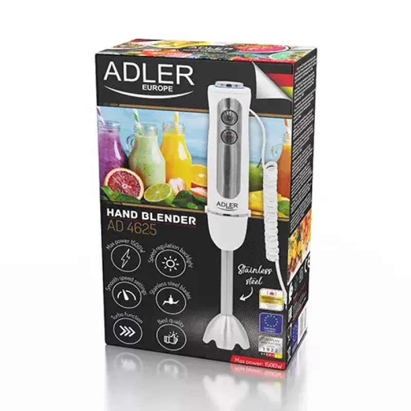 Varinha mágica Adler AD 4625w — misturadora de varinha, 5 velocidades, turbo, 1500 W, lâminas de aço inoxidável, prateado/branco