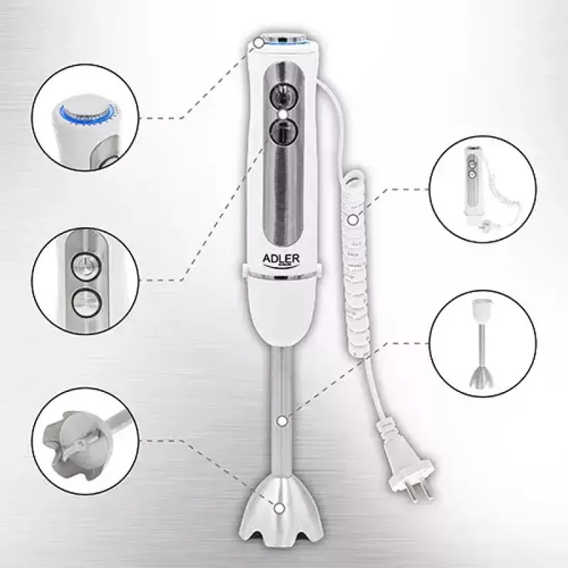 Varinha mágica Adler AD 4625w — misturadora de varinha, 5 velocidades, turbo, 1500 W, lâminas de aço inoxidável, prateado/branco