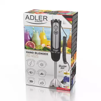 Misturadora de varinha Adler AD 4625B — misturadora manual, 1500 W máx., 850 W potência nominal, 5 velocidades, controlo mecânico, turbo, lâmina de aço inoxidável, preto