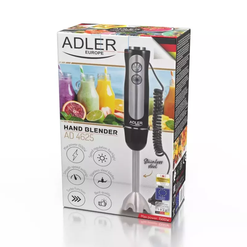 Misturadora de varinha Adler AD 4625B — misturadora manual, 1500 W máx., 850 W potência nominal, 5 velocidades, controlo mecânico, turbo, lâmina de aço inoxidável, preto