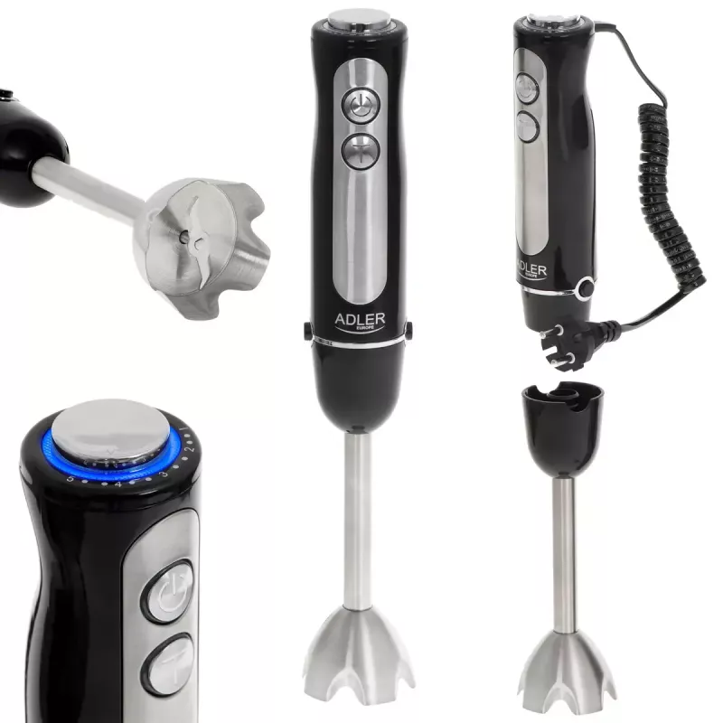 Misturadora de varinha Adler AD 4625B — misturadora manual, 1500 W máx., 850 W potência nominal, 5 velocidades, controlo mecânico, turbo, lâmina de aço inoxidável, preto