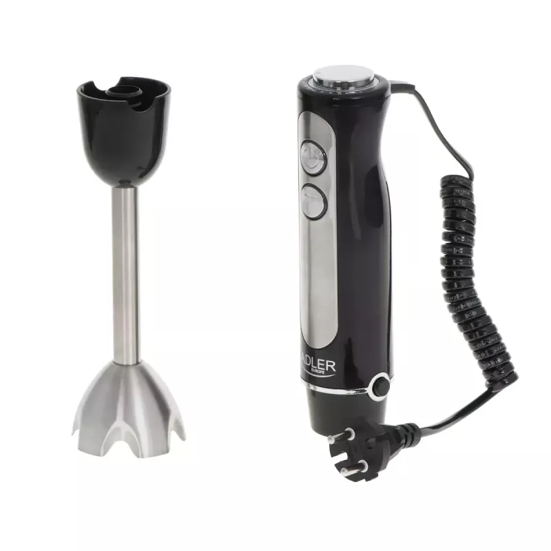 Misturadora de varinha Adler AD 4625B — misturadora manual, 1500 W máx., 850 W potência nominal, 5 velocidades, controlo mecânico, turbo, lâmina de aço inoxidável, preto