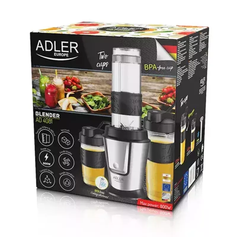 Misturadora desportiva Adler AD 4081 — misturadora pessoal portátil, 800 W de pico, copo de 0,57 l, lâminas de aço inoxidável, 2 garrafas
