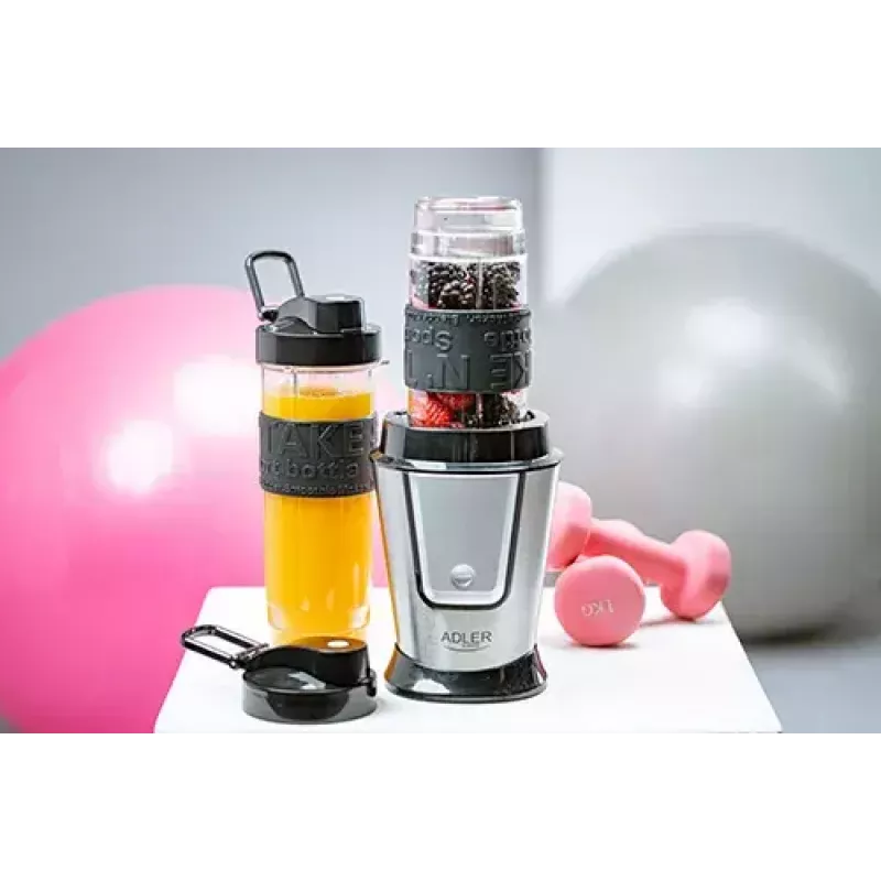 Misturadora desportiva Adler AD 4081 — misturadora pessoal portátil, 800 W de pico, copo de 0,57 l, lâminas de aço inoxidável, 2 garrafas