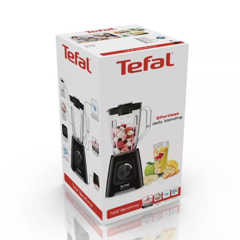 Misturadora de bancada Tefal BL4208 — 600 W, recipiente de plástico de 1,25 l, 2 velocidades, trituração de gelo, preta