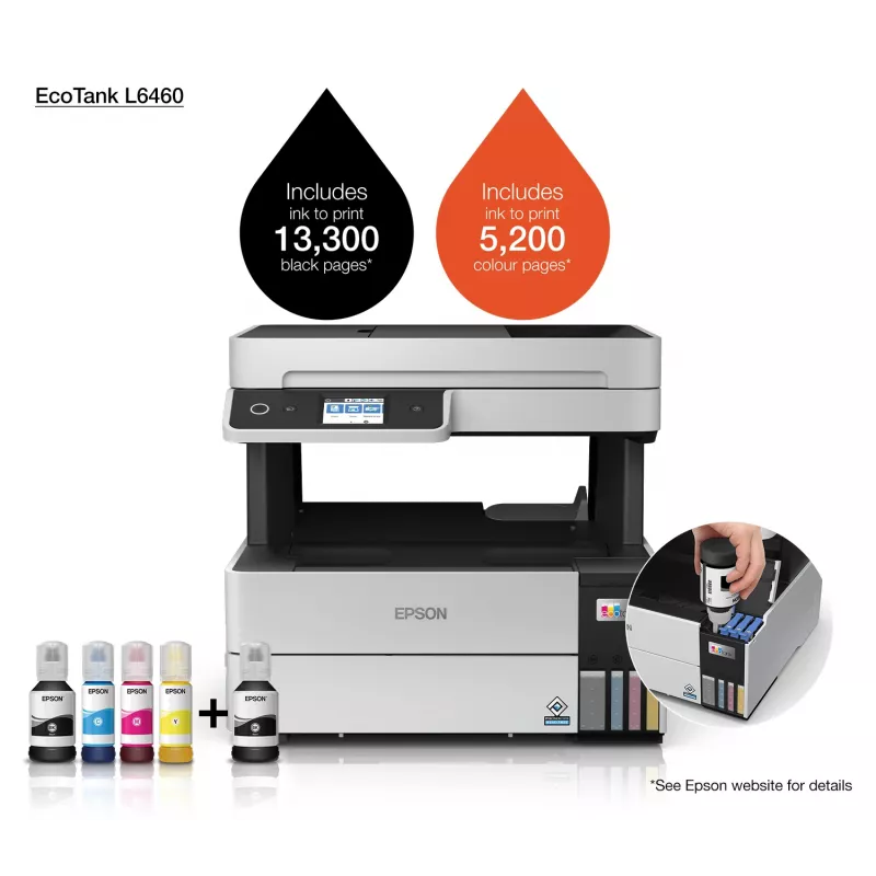 Impressora multifunções Epson EcoTank L6460 — jato de tinta cor, 4800x1200 dpi, 37 ppm, A4 duplex, Wi‑Fi, Ethernet