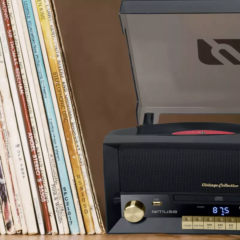 Muse MT-112 W gira-discos micro sistema com CD, USB, Bluetooth, rádio FM, 33/45/78 rpm, castanho