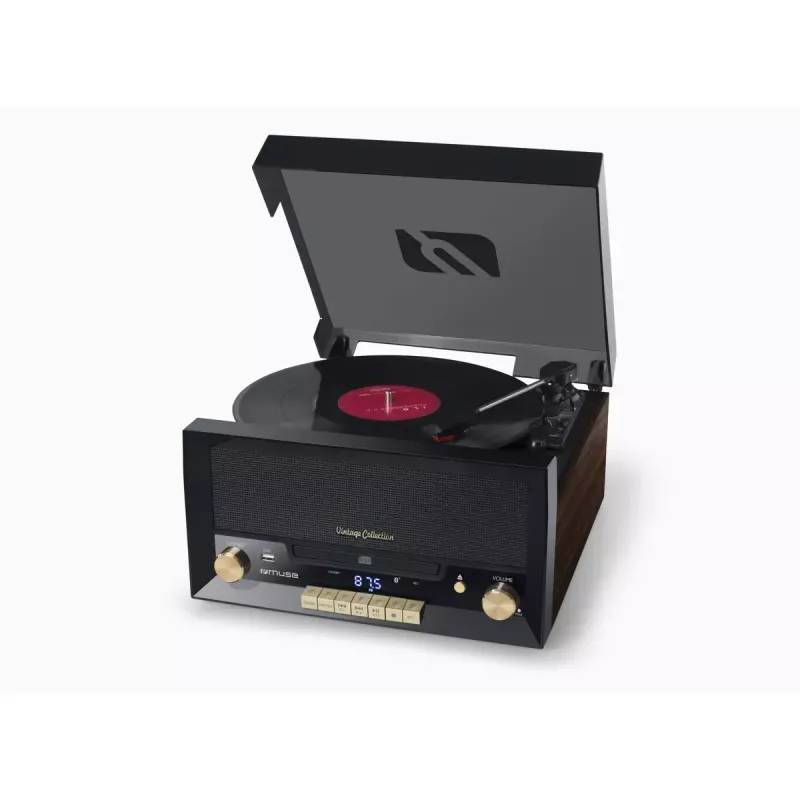 Muse MT-112 W gira-discos micro sistema com CD, USB, Bluetooth, rádio FM, 33/45/78 rpm, castanho