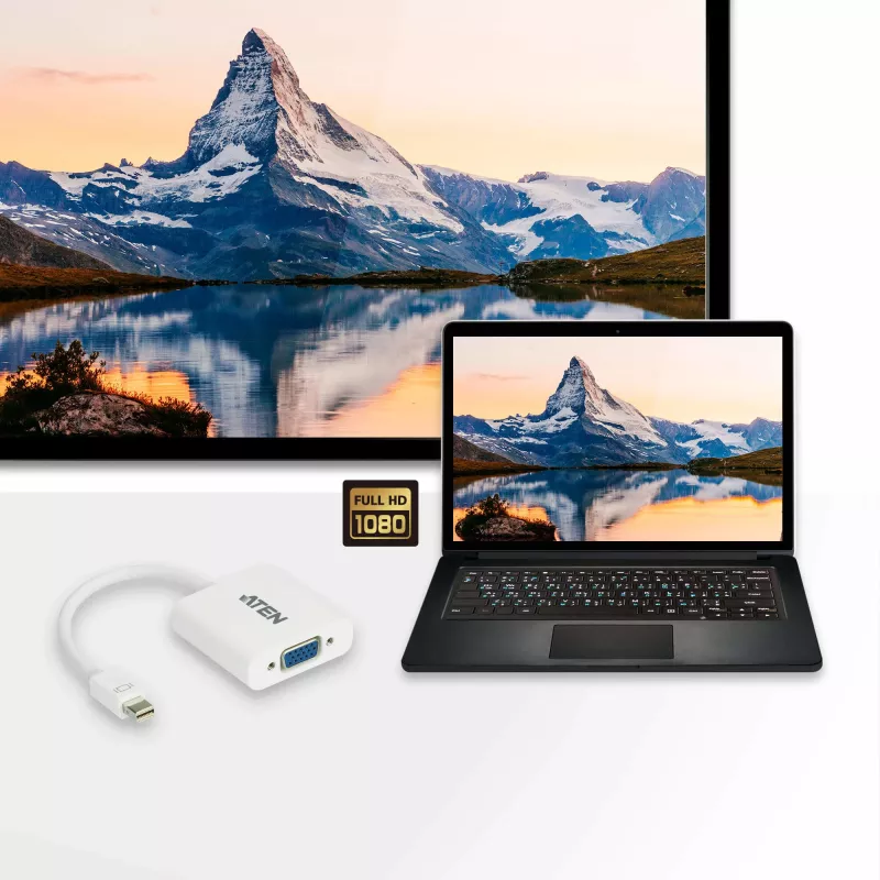 Conversor ATEN Mini DisplayPort para VGA, Mini DisplayPort, VGA (D-Sub), macho, fêmea, reto, reto