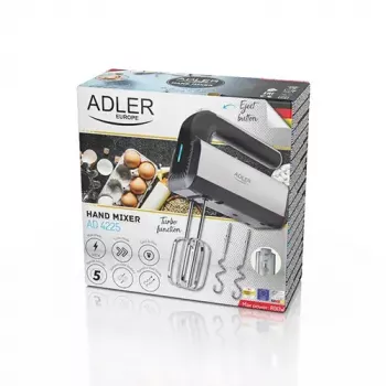 Batedeira manual Adler AD 4225 — 5 velocidades, turbo, 300 W, aço inoxidável/preto prateado, batedores e ganchos para amassar