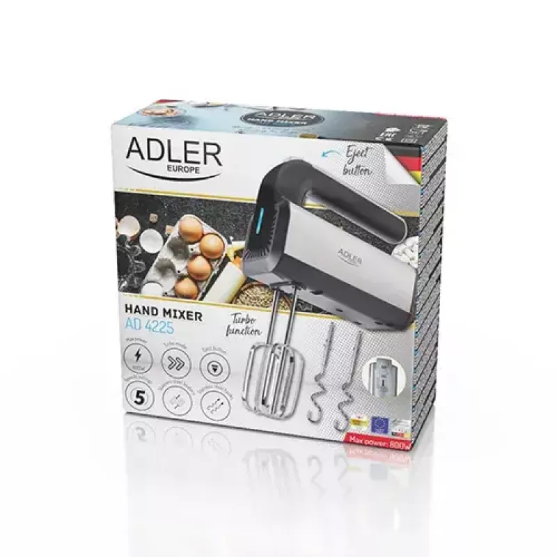 Batedeira manual Adler AD 4225 — 5 velocidades, turbo, 300 W, aço inoxidável/preto prateado, batedores e ganchos para amassar