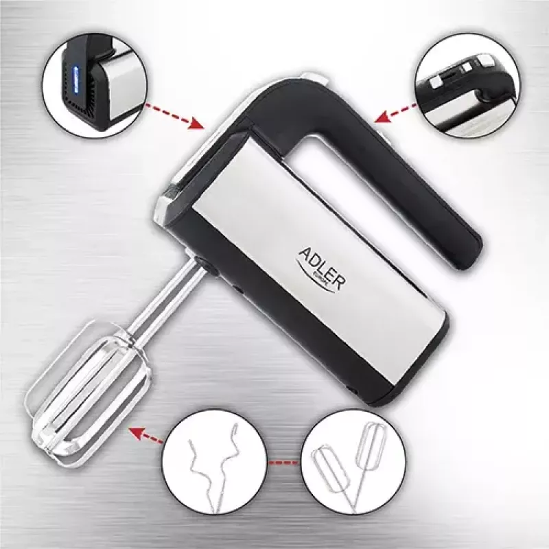 Batedeira manual Adler AD 4225 — 5 velocidades, turbo, 300 W, aço inoxidável/preto prateado, batedores e ganchos para amassar