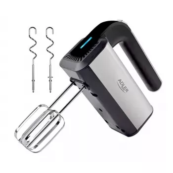 Batedeira manual Adler AD 4225 — 5 velocidades, turbo, 300 W, aço inoxidável/preto prateado, batedores e ganchos para amassar