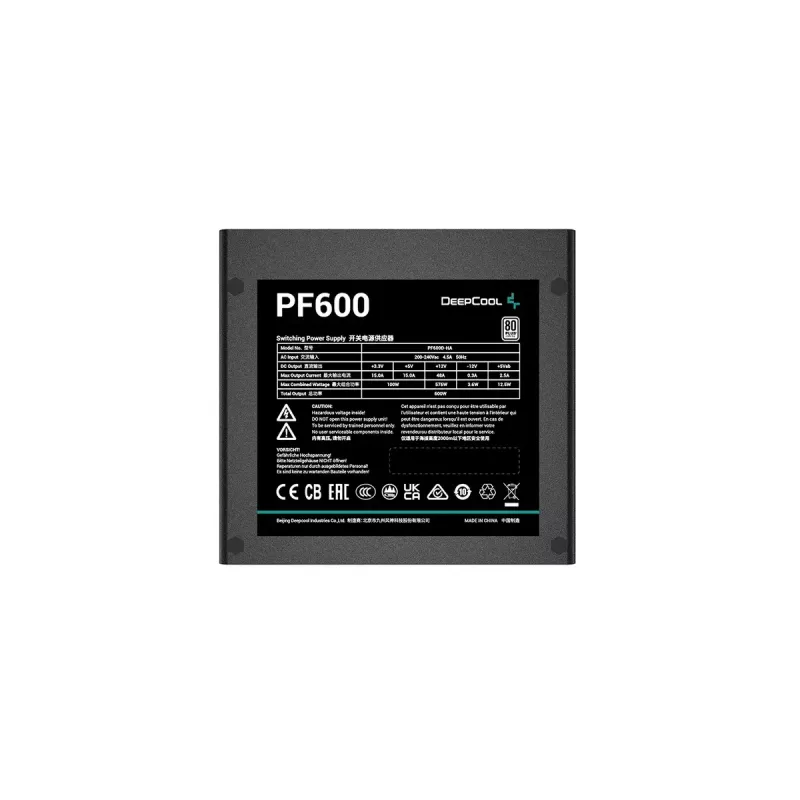 Fonte de alimentação DeepCool PF600 600 W, ATX 2.4, 80 PLUS, 48 A em +12V, ventoinha de 120 mm, não modular