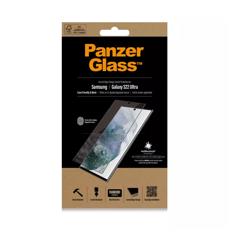 PanzerGlass 7295 protetor de ecrã para Samsung Galaxy S22 Ultra, vidro temperado, compatível com capas, preto