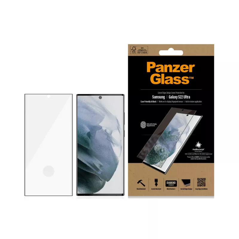 PanzerGlass 7295 protetor de ecrã para Samsung Galaxy S22 Ultra, vidro temperado, compatível com capas, preto