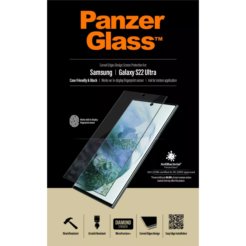 PanzerGlass 7295 protetor de ecrã para Samsung Galaxy S22 Ultra, vidro temperado, compatível com capas, preto