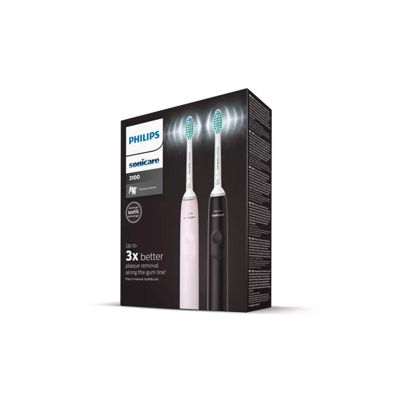 Escovas de dentes elétricas sónicas Philips Sonicare 3100 series 3100 series HX3675/15 pack de 2 – preto e rosa