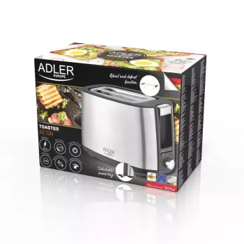 Torradeira Adler AD 3214, 2 fatias aço inoxidável, 900 W, 7 níveis de tostagem, descongelar/reaquecer/desligamento automático