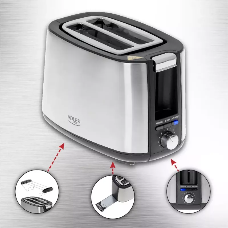 Adler AD 3214 torradeira, 2 ranhuras, aço inoxidável, 750 W