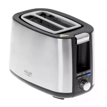 Torradeira Adler AD 3214, 2 fatias aço inoxidável, 900 W, 7 níveis de tostagem, descongelar/reaquecer/desligamento automático