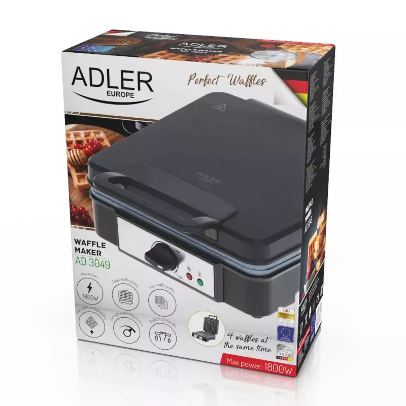 Máquina de waffles Adler AD 3049, 4 waffles quadrados, antiaderente, 1800 W, preta