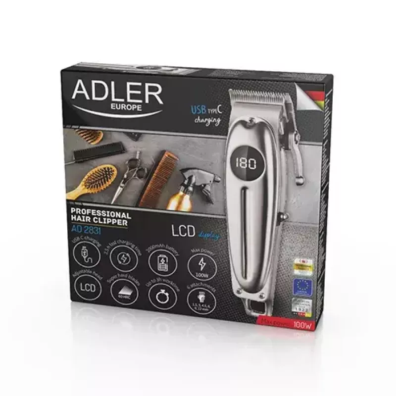 Máquina de cortar cabelo Adler AD 2831 prateada aço inoxidável em V 1 mm