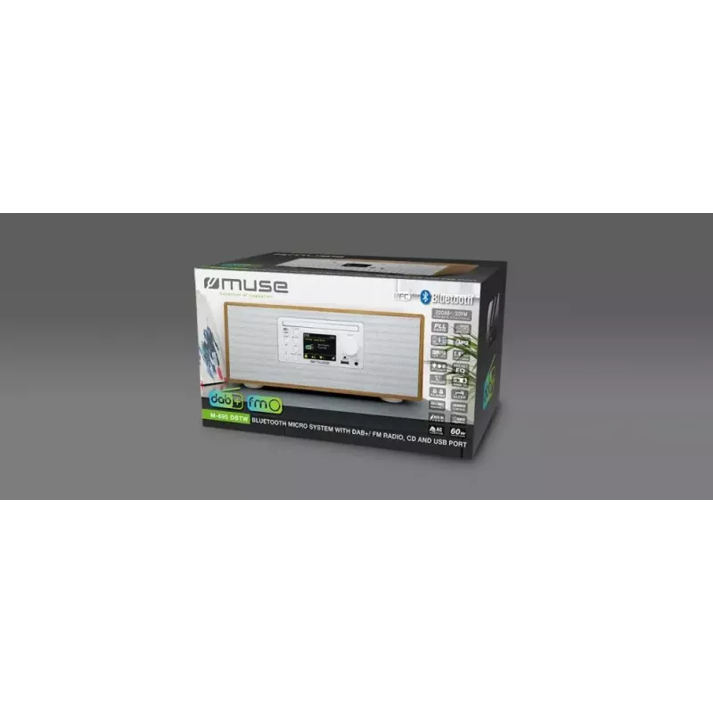 Rádio pessoal Muse M-695 DBTW — sintonizador digital DAB/DAB+/FM, TFT de 2,8 inch, 60 W RMS, AC/DC, madeira/branco