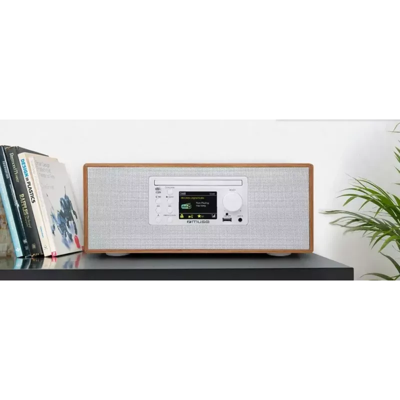 Rádio pessoal Muse M-695 DBTW — sintonizador digital DAB/DAB+/FM, TFT de 2,8 inch, 60 W RMS, AC/DC, madeira/branco