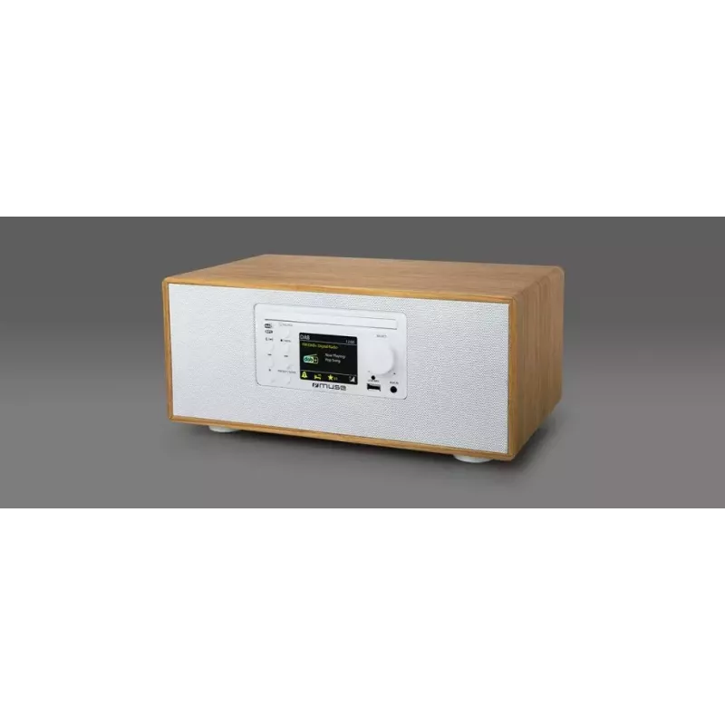 Rádio pessoal Muse M-695 DBTW — sintonizador digital DAB/DAB+/FM, TFT de 2,8 inch, 60 W RMS, AC/DC, madeira/branco
