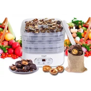 Desidratador de alimentos Adler AD 6658, 5 tabuleiros, temporizador LCD 70 h, 35–70 °C, 230 W (máx. 550 W), branco
