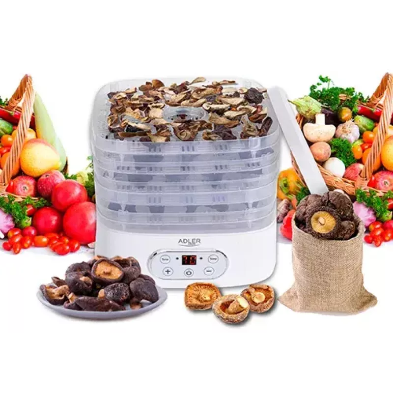 Desidratador de alimentos Adler AD 6658, 5 tabuleiros, temporizador LCD 70 h, 35–70 °C, 230 W (máx. 550 W), branco