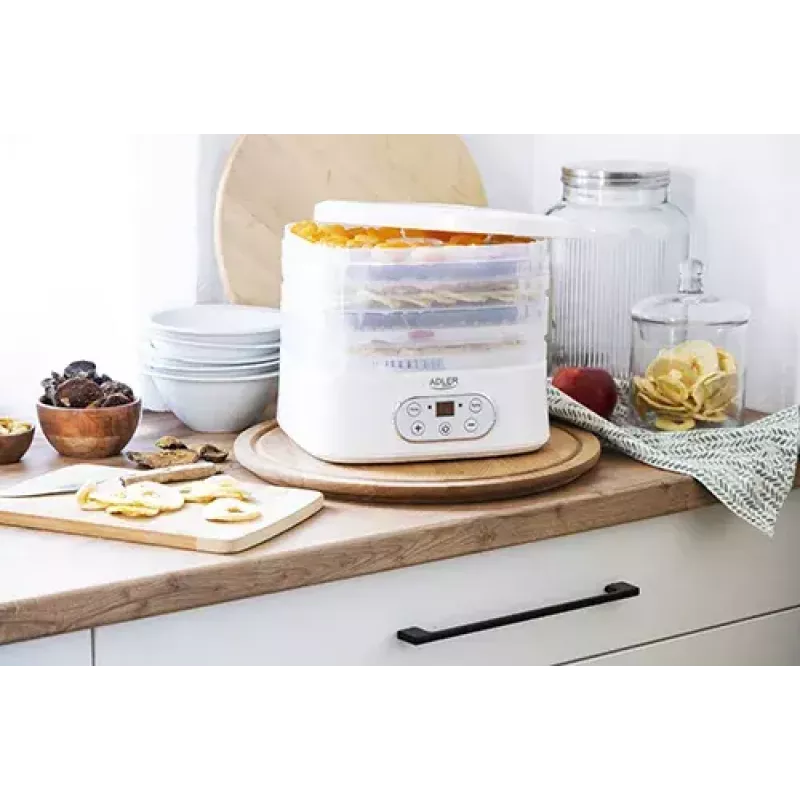 Desidratador de alimentos Adler AD 6658, 5 tabuleiros, temporizador LCD 70 h, 35–70 °C, 230 W (máx. 550 W), branco