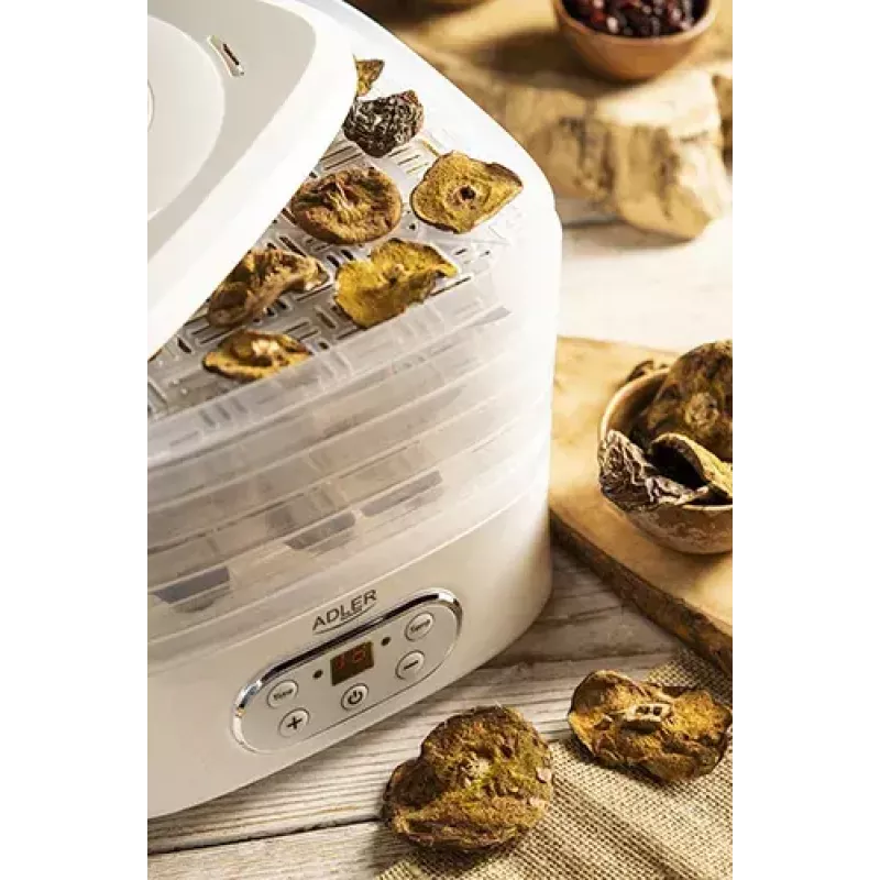 Desidratador de alimentos Adler AD 6658, 5 tabuleiros, temporizador LCD 70 h, 35–70 °C, 230 W (máx. 550 W), branco