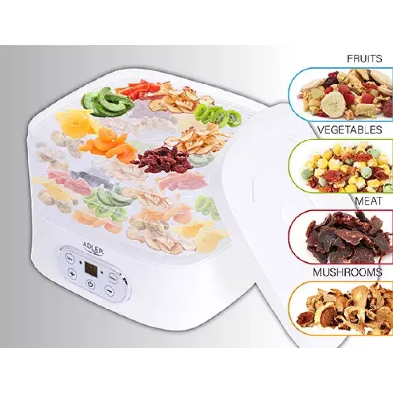 Desidratador de alimentos Adler AD 6658, 5 tabuleiros, temporizador LCD 70 h, 35–70 °C, 230 W (máx. 550 W), branco