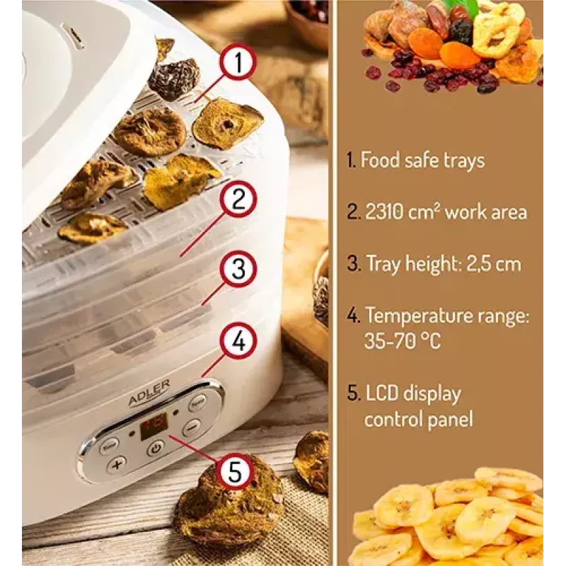 Desidratador de alimentos Adler AD 6658, 5 tabuleiros, temporizador LCD 70 h, 35–70 °C, 230 W (máx. 550 W), branco