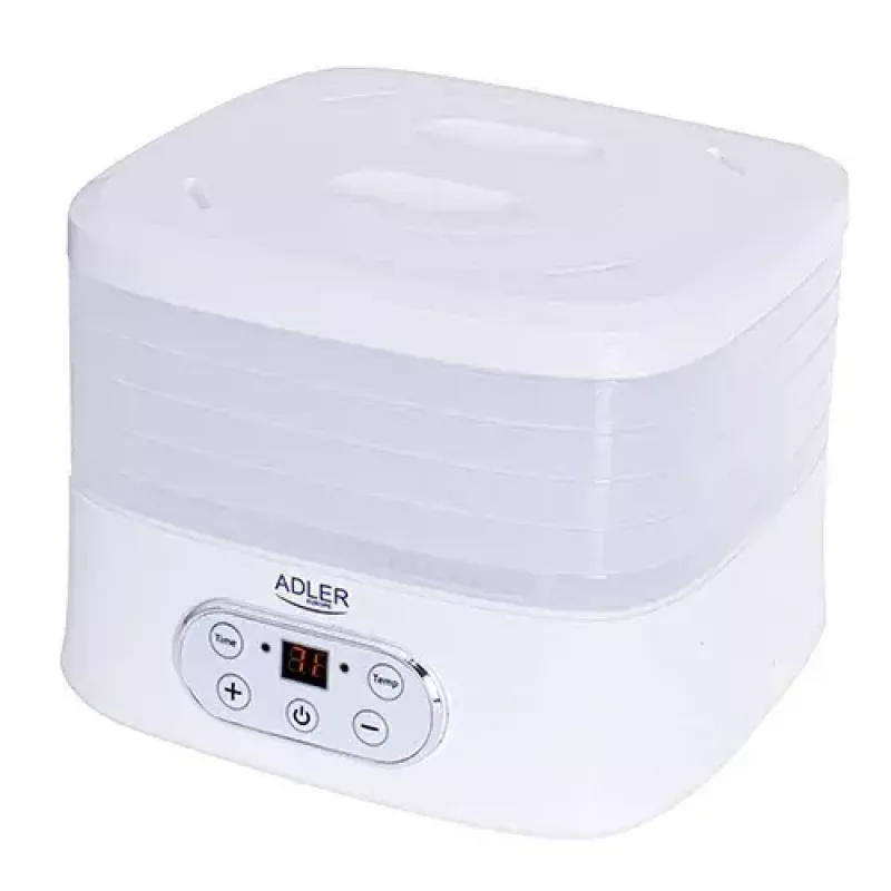 Desidratador de alimentos Adler AD 6658, 5 tabuleiros, temporizador LCD 70 h, 35–70 °C, 230 W (máx. 550 W), branco