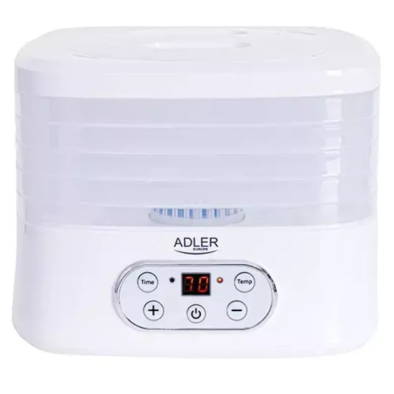 Desidratador de alimentos Adler AD 6658, 5 tabuleiros, temporizador LCD 70 h, 35–70 °C, 230 W (máx. 550 W), branco