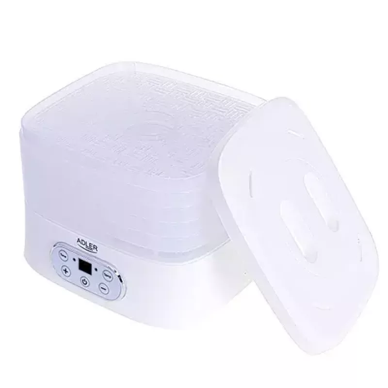 Desidratador de alimentos Adler AD 6658, 5 tabuleiros, temporizador LCD 70 h, 35–70 °C, 230 W (máx. 550 W), branco