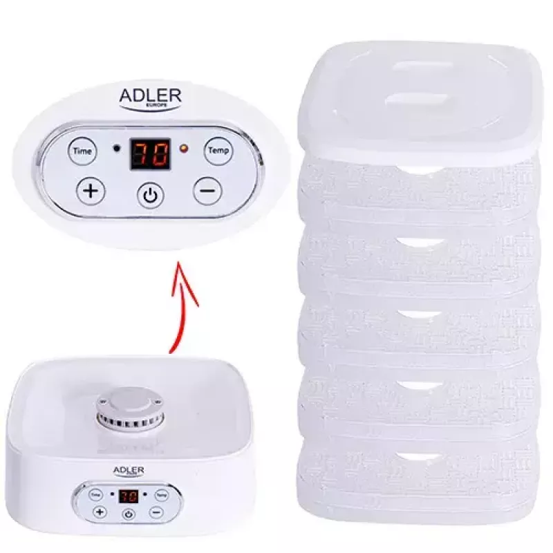 Desidratador de alimentos Adler AD 6658, 5 tabuleiros, temporizador LCD 70 h, 35–70 °C, 230 W (máx. 550 W), branco