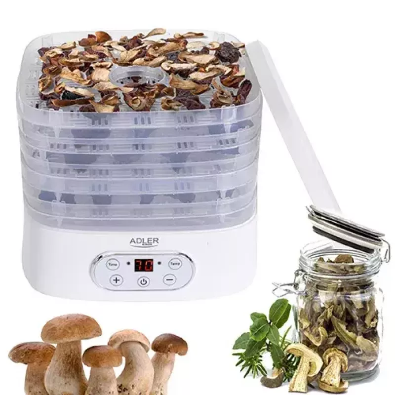 Desidratador de alimentos Adler AD 6658, 5 tabuleiros, temporizador LCD 70 h, 35–70 °C, 230 W (máx. 550 W), branco