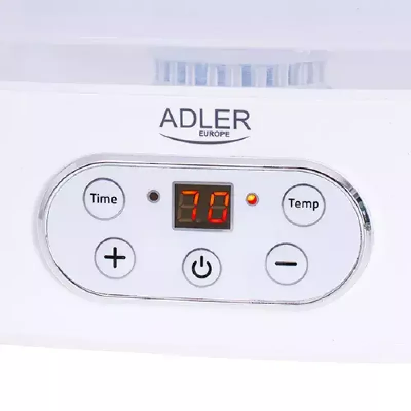Desidratador de alimentos Adler AD 6658, 5 tabuleiros, temporizador LCD 70 h, 35–70 °C, 230 W (máx. 550 W), branco