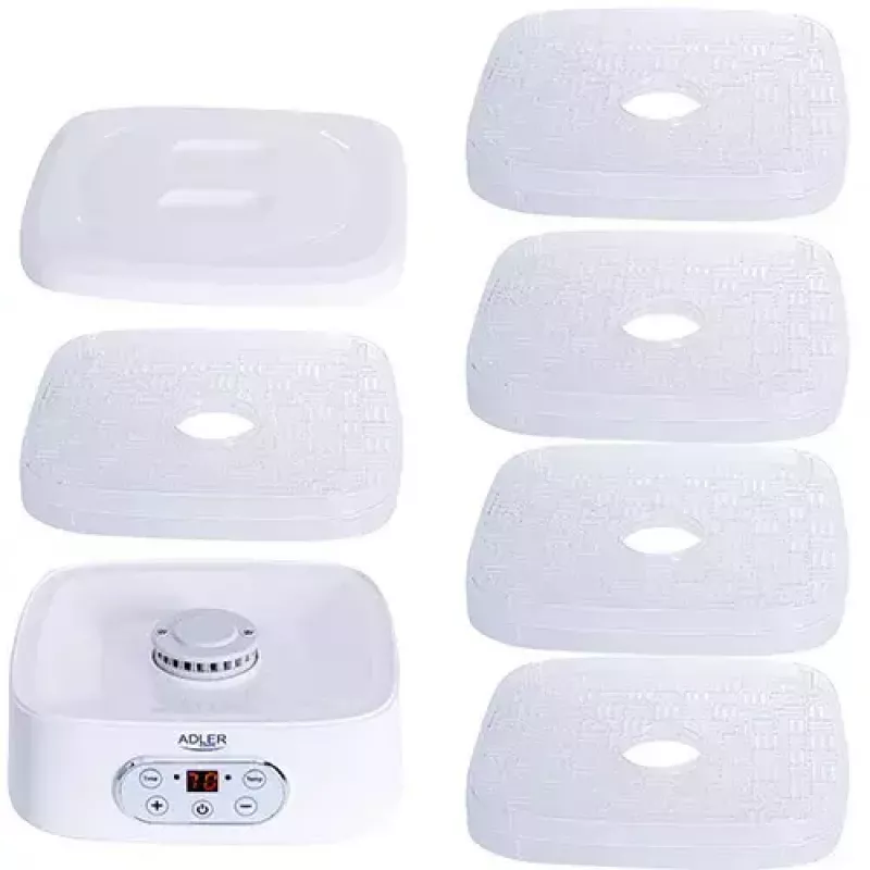 Desidratador de alimentos Adler AD 6658, 5 tabuleiros, temporizador LCD 70 h, 35–70 °C, 230 W (máx. 550 W), branco